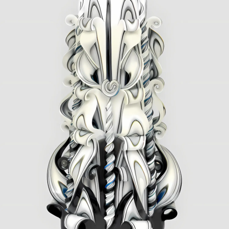 Große, handgeschnitzte Barock-Kerze in Kegelform mit sechseckiger Grundfläche, mit schwarz-weißen Ornamenten und kunstvollen Schnitzmustern verziert