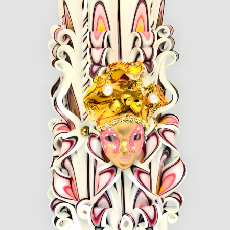 Handgeschnitzte, zylinderförmige Kerze weiß-rosa, mit kunstvoller Verzierung und venezianischer Maske in Gold