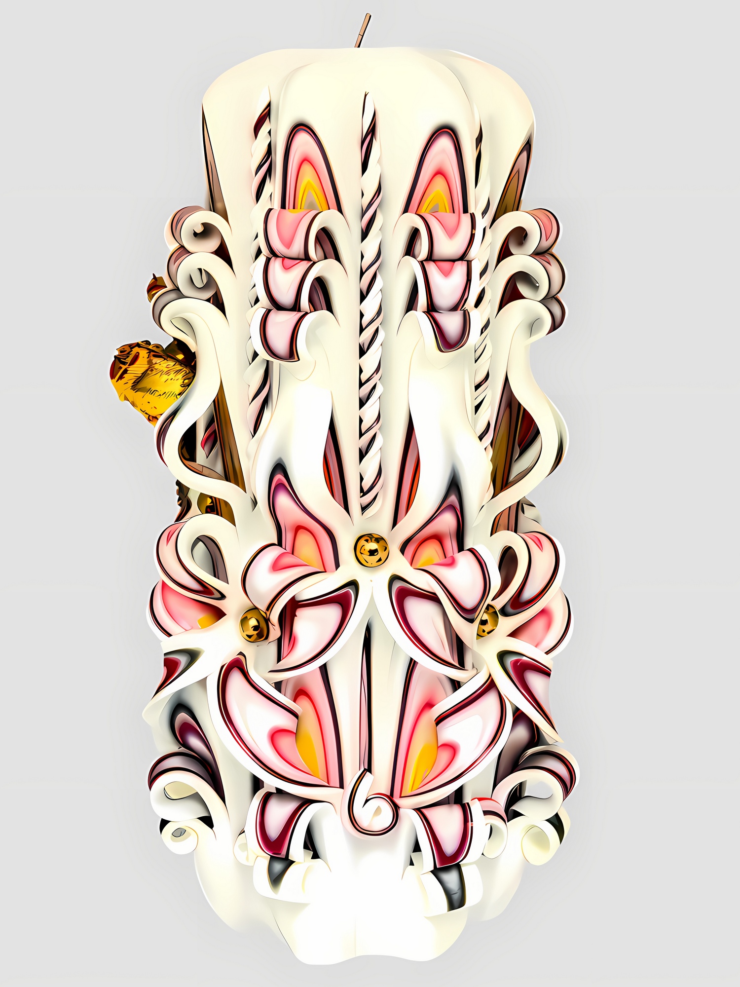 Handgeschnitzte, zylinderförmige Kerze weiß-rosa, mit kunstvoller Verzierung und venezianischer Maske in Gold