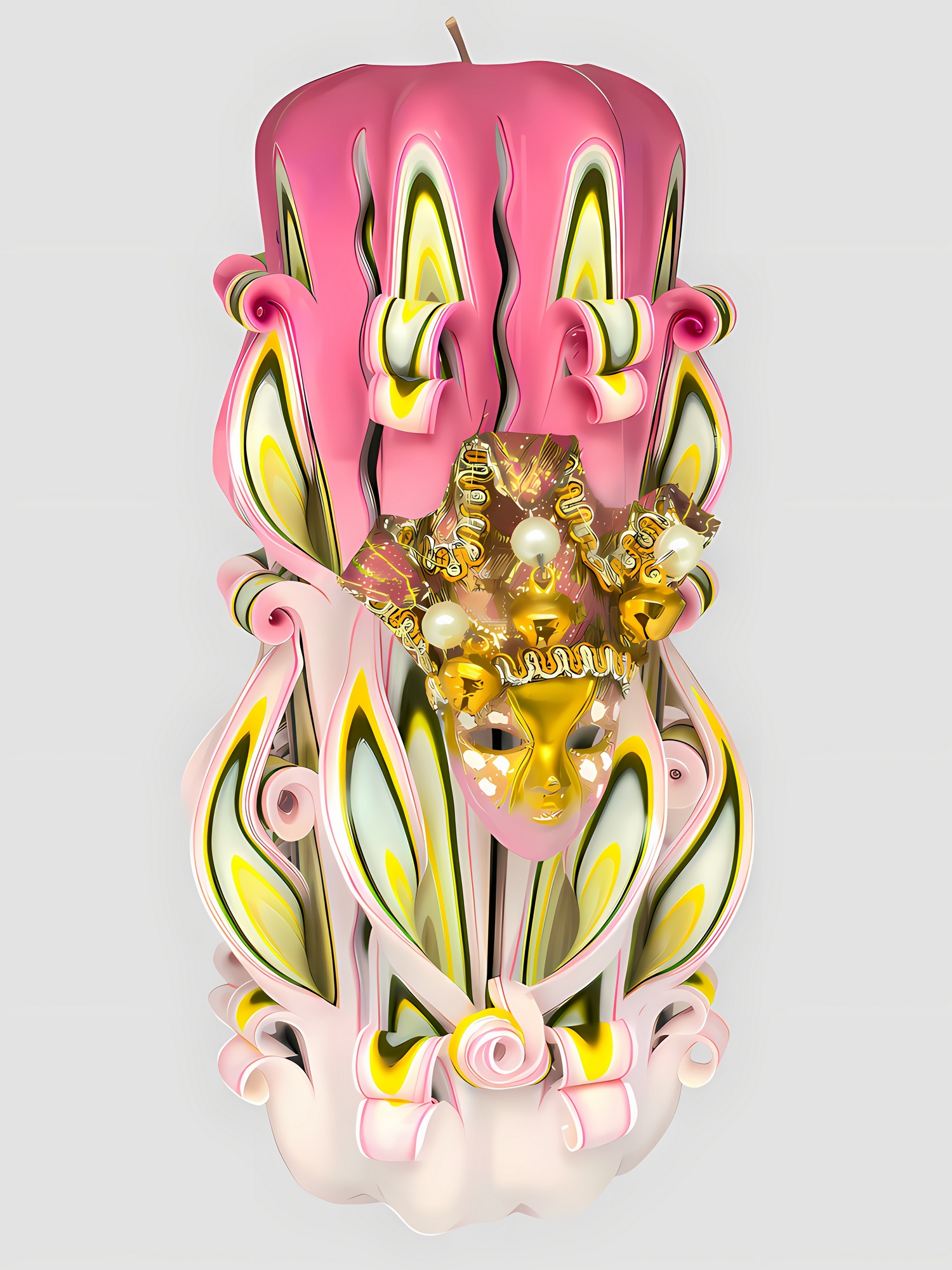 Handgeschnitzte, 8- eckige, zylinderförmige Kerze in Altrosa-Weiß-Gold mit venezianischer Maskendekoration.