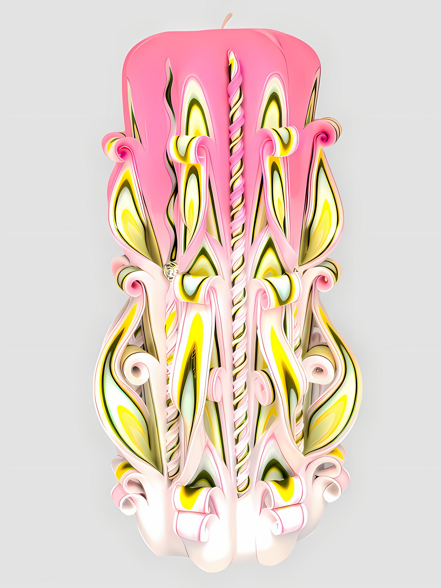 Handgeschnitzte, 8- eckige, zylinderförmige Kerze in Altrosa-Weiß-Gold mit venezianischer Maskendekoration.