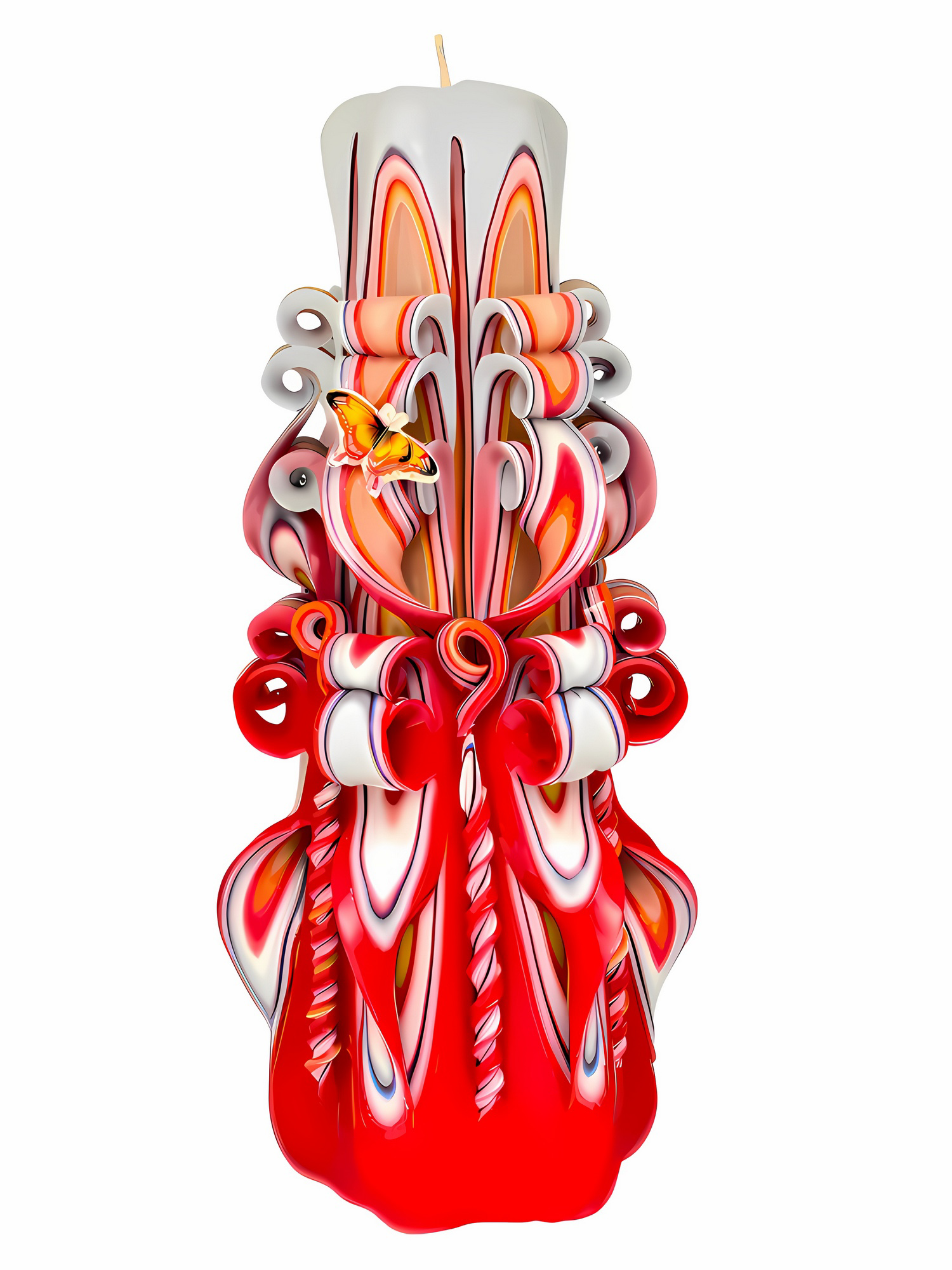 Handgeschnitzte, rot-weiße Devela Kerze mit kunstvollen Verzierungen, Schmetterlingsdekoration und sechseckiger, kegelförmiger Form