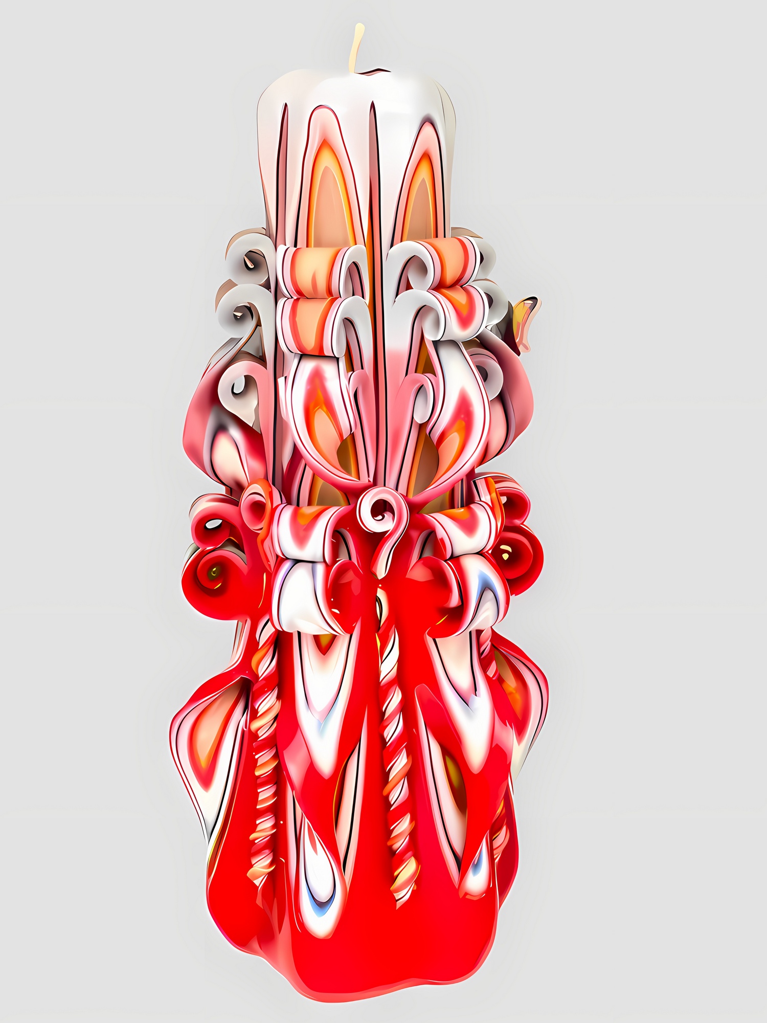 Handgeschnitzte, rot-weiße Devela Kerze mit kunstvollen Verzierungen, Schmetterlingsdekoration und sechseckiger, kegelförmiger Form