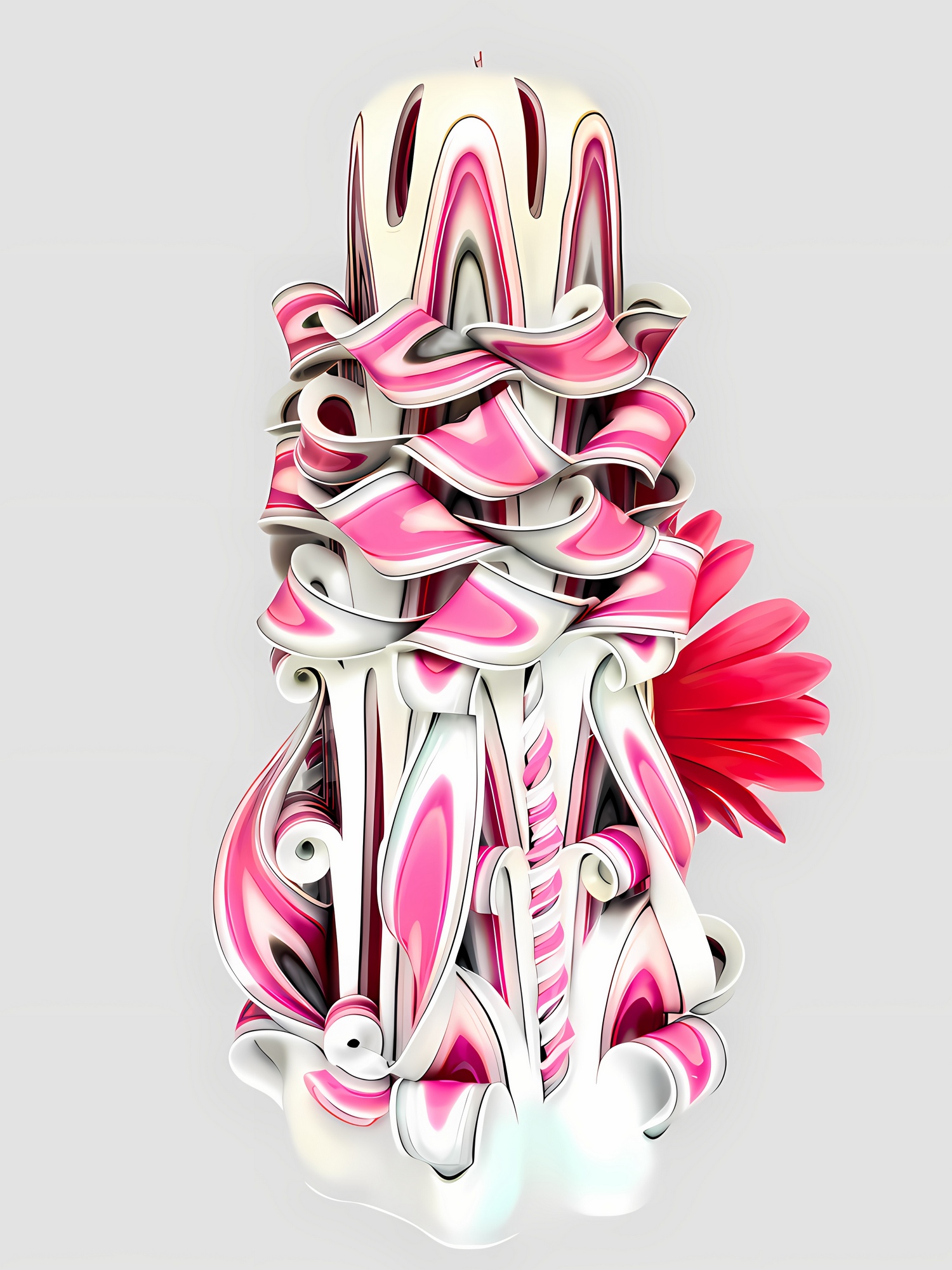 Handgeschnitzte, sechseckige, kegelförmige Kerze in Weiß mit filigranen pinken und schwarzen Verzierungen, verziert mit einer großen pinken Blume vorne