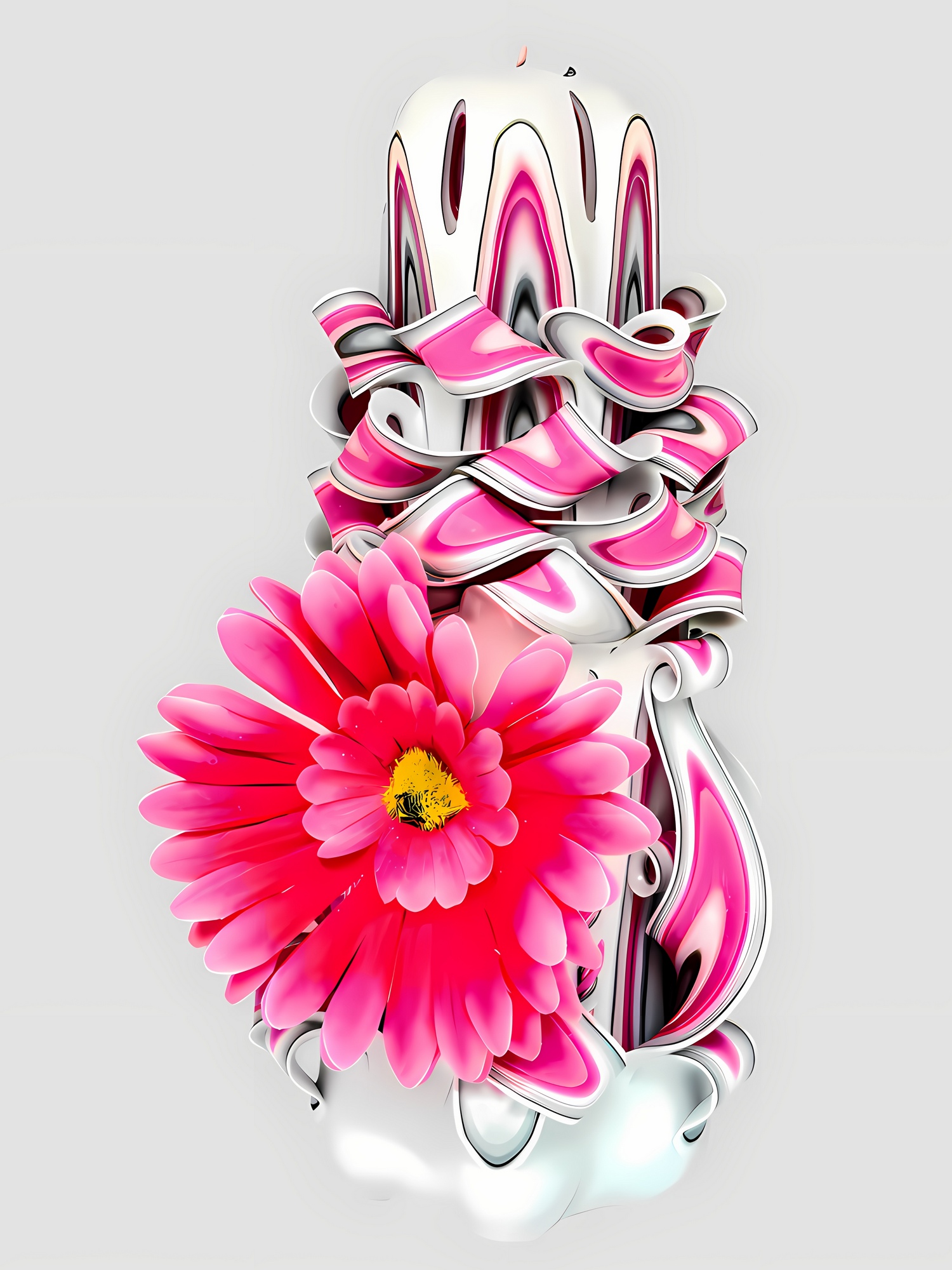 Handgeschnitzte, sechseckige, kegelförmige Kerze in Weiß mit filigranen pinken und schwarzen Verzierungen, verziert mit einer großen pinken Blume vorne