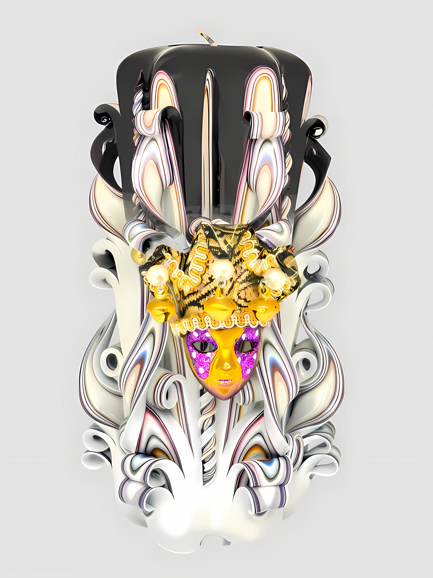 Handgefertigte Kerze mit aufwendig geschnitztem Design in Schwarz, Weiß und Violett, verziert mit goldfarbene Karneval Maske, auf der Maste sind Perlen und kleinen Glöckchen.