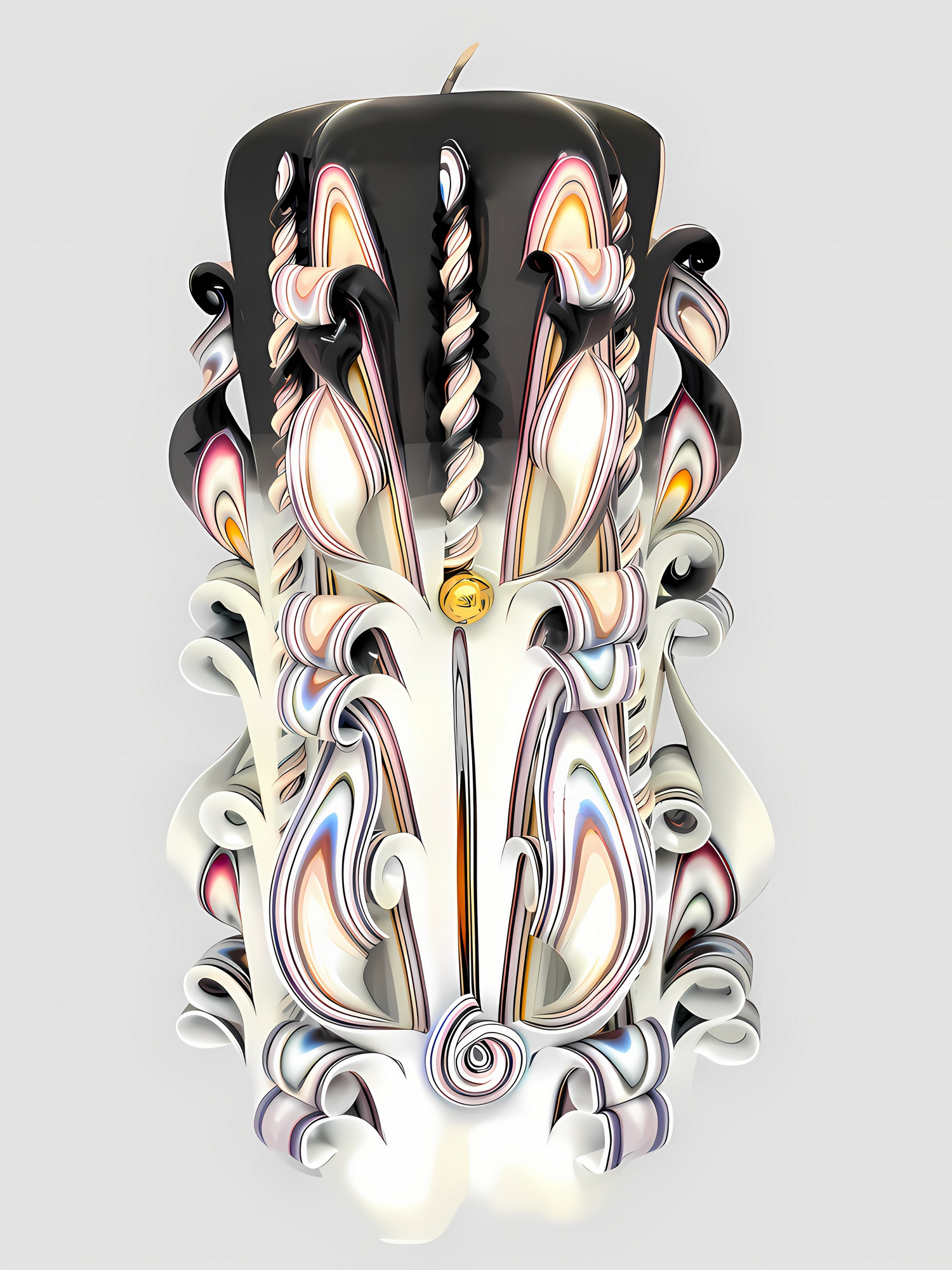 Handgefertigte Kerze mit aufwendig geschnitztem Design in Schwarz, Weiß und Violett, verziert mit goldfarbene Karneval Maske, auf der Maste sind Perlen und kleinen Glöckchen.