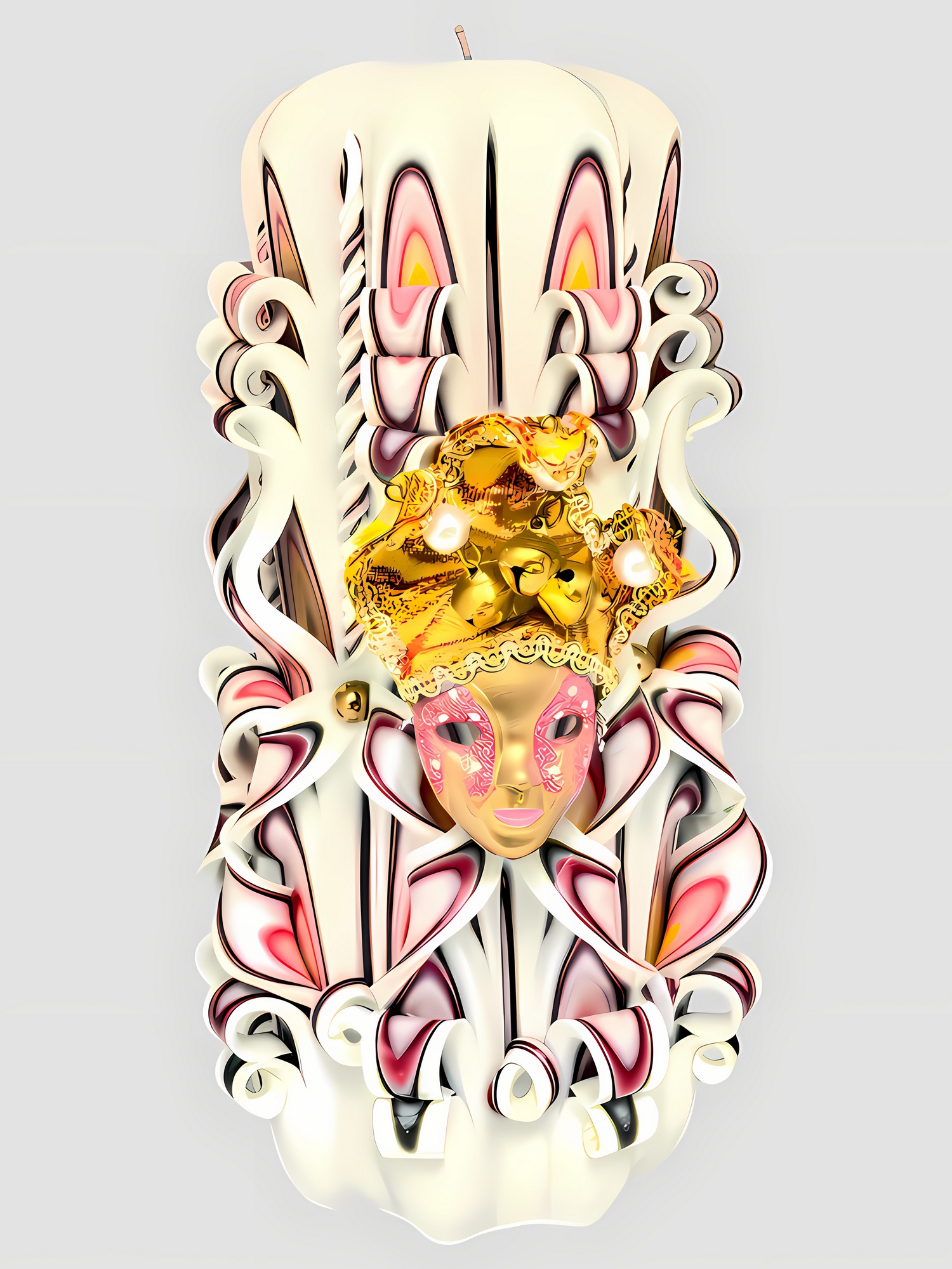 Handgeschnitzte, zylinderförmige Kerze weiß-rosa, mit kunstvoller Verzierung und venezianischer Maske in Gold