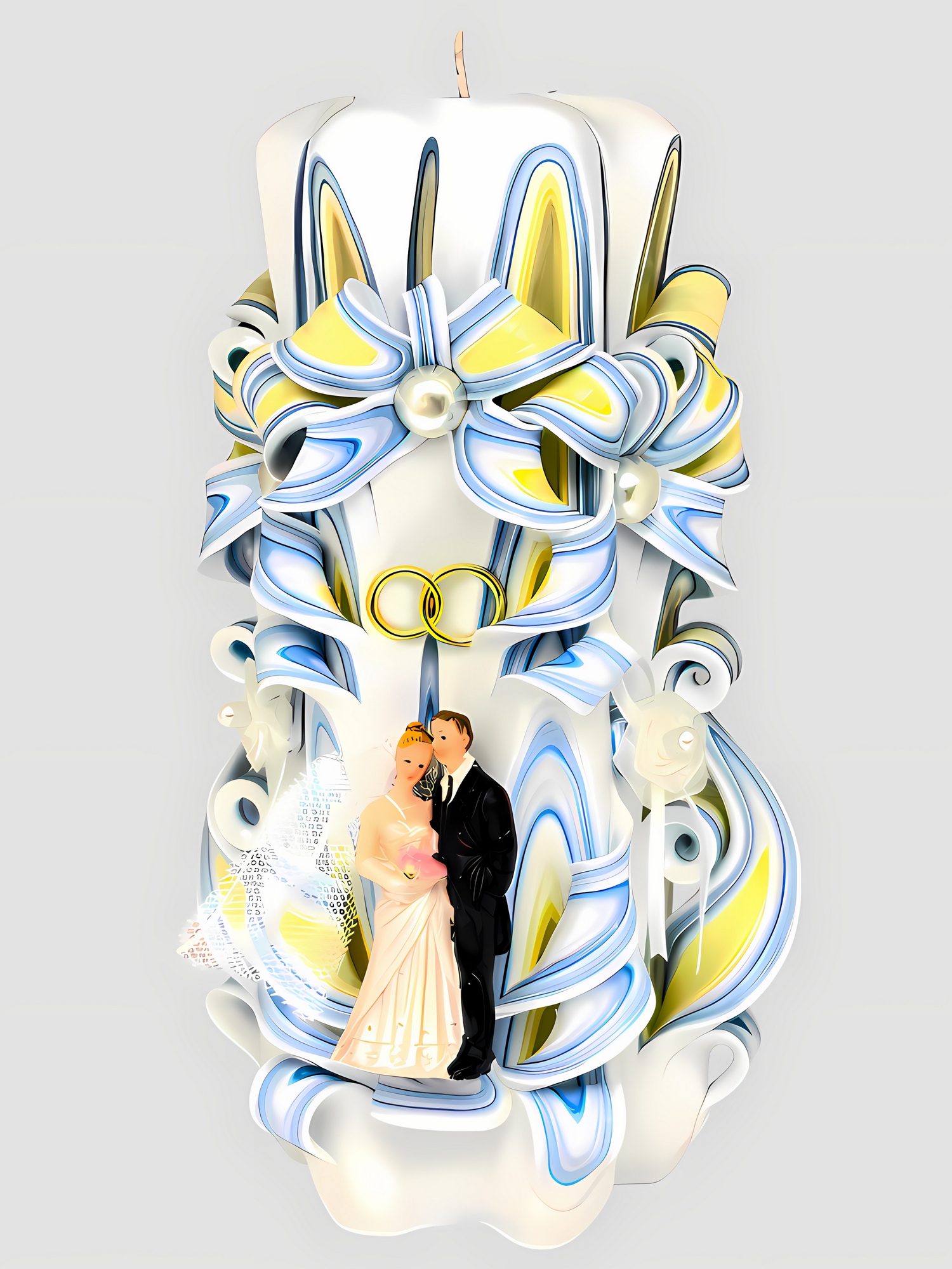 Handgeschnitzte Hochzeitskerze, 21 cm, sechseckig, verziert mit Brautpaar-Figur, Schleifen und Ringen, weiß-blau-gelbe Ornament