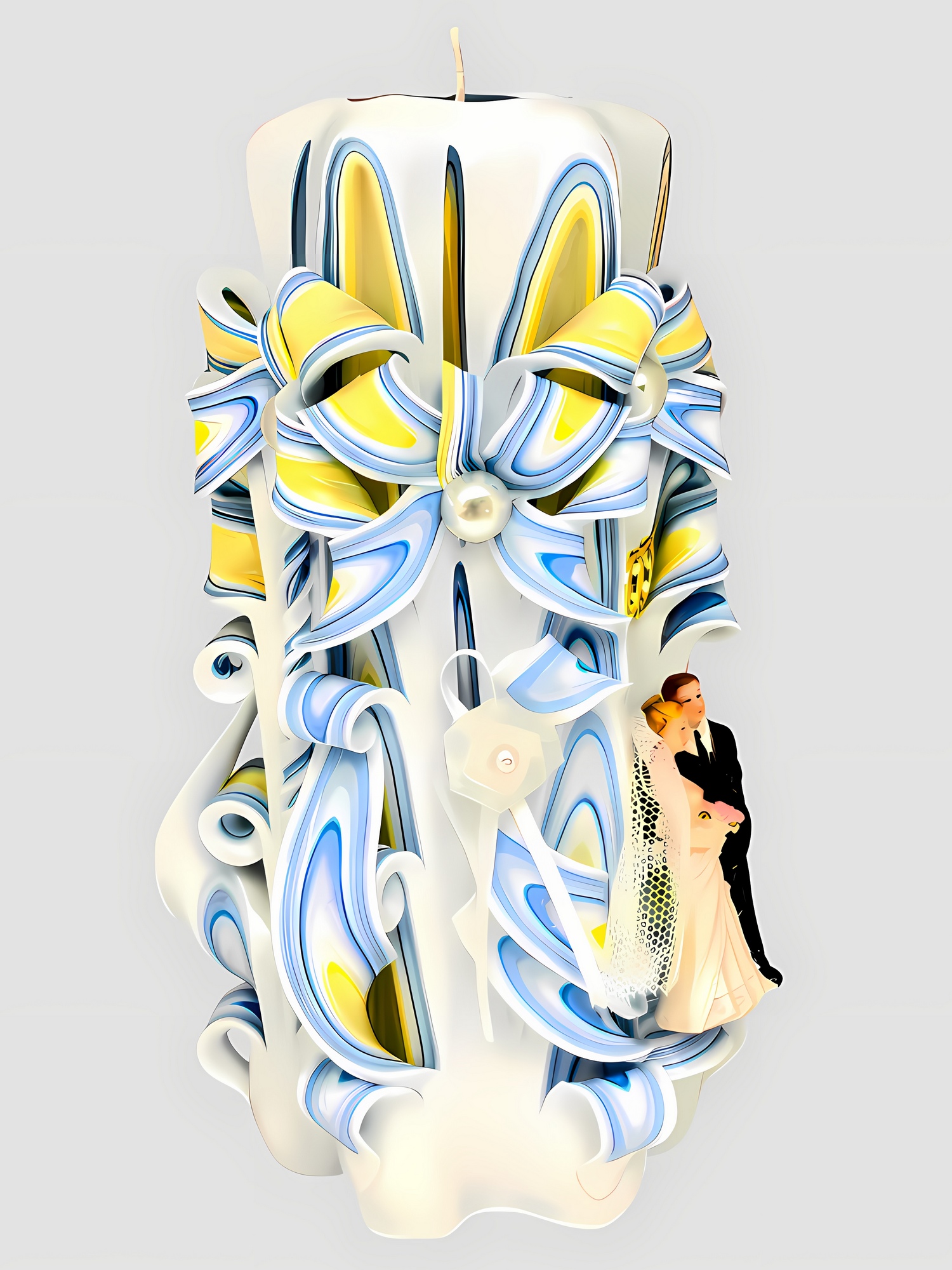 Handgeschnitzte Hochzeitskerze, 21 cm, sechseckig, verziert mit Brautpaar-Figur, Schleifen und Ringen, weiß-blau-gelbe Ornament