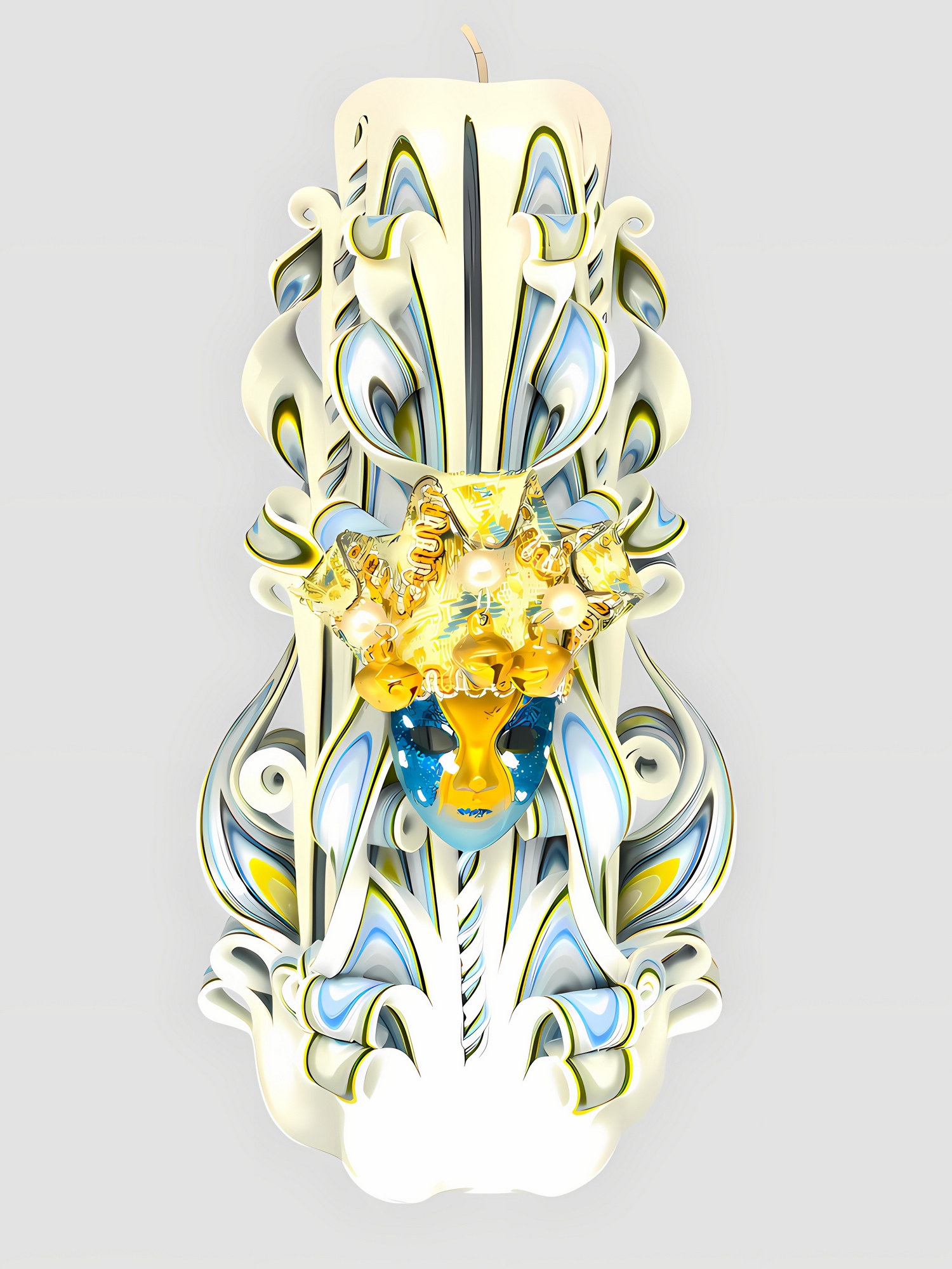 Handgeschnitzte weiße Kerze mit filigranen blauen, gelben und goldfarbenen Akzenten und einer Venezianischer Karnevalmaske im Zentrum.