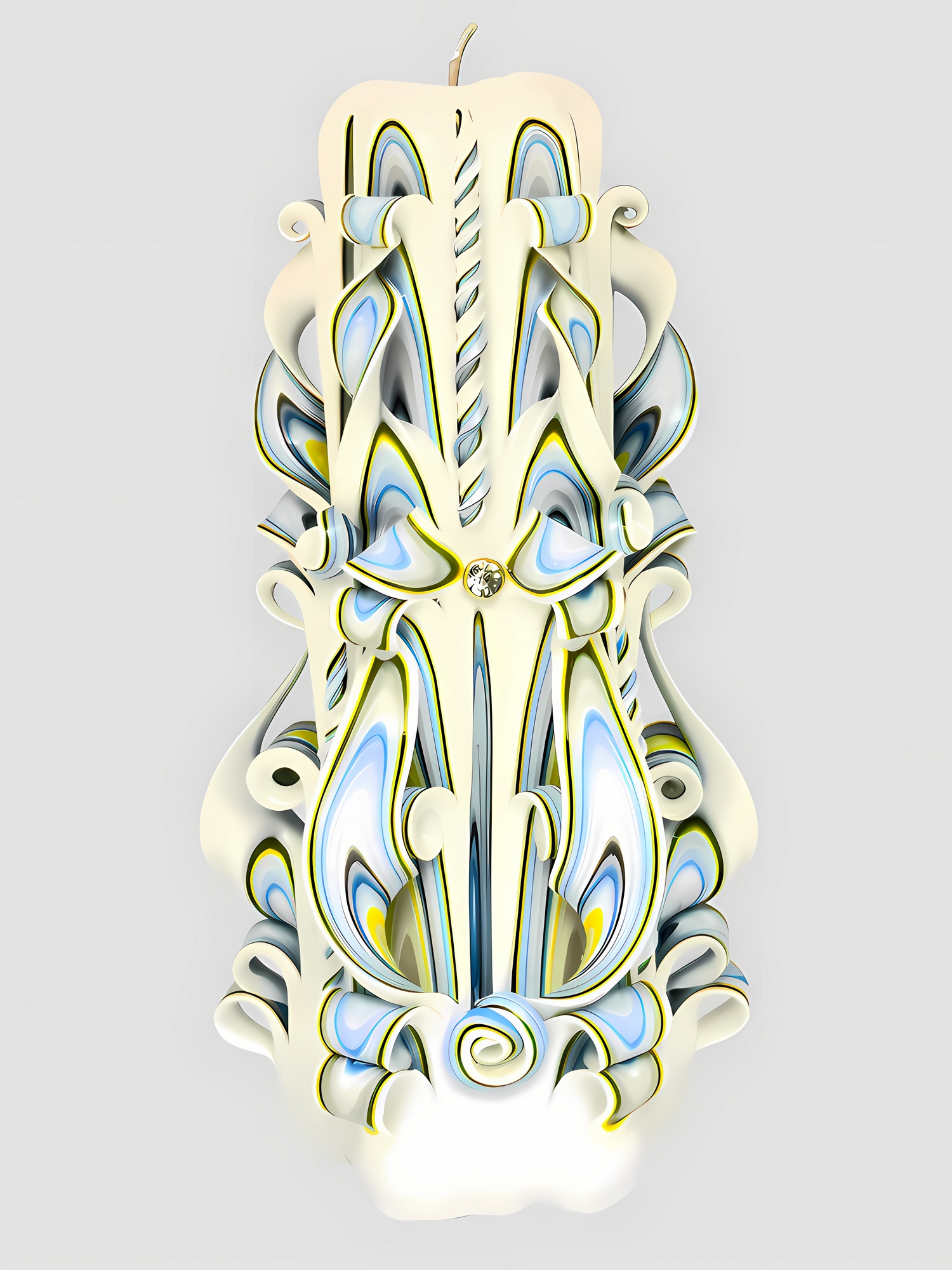 Handgeschnitzte weiße Kerze mit filigranen blauen, gelben und goldfarbenen Akzenten und aufwendigem Ornament