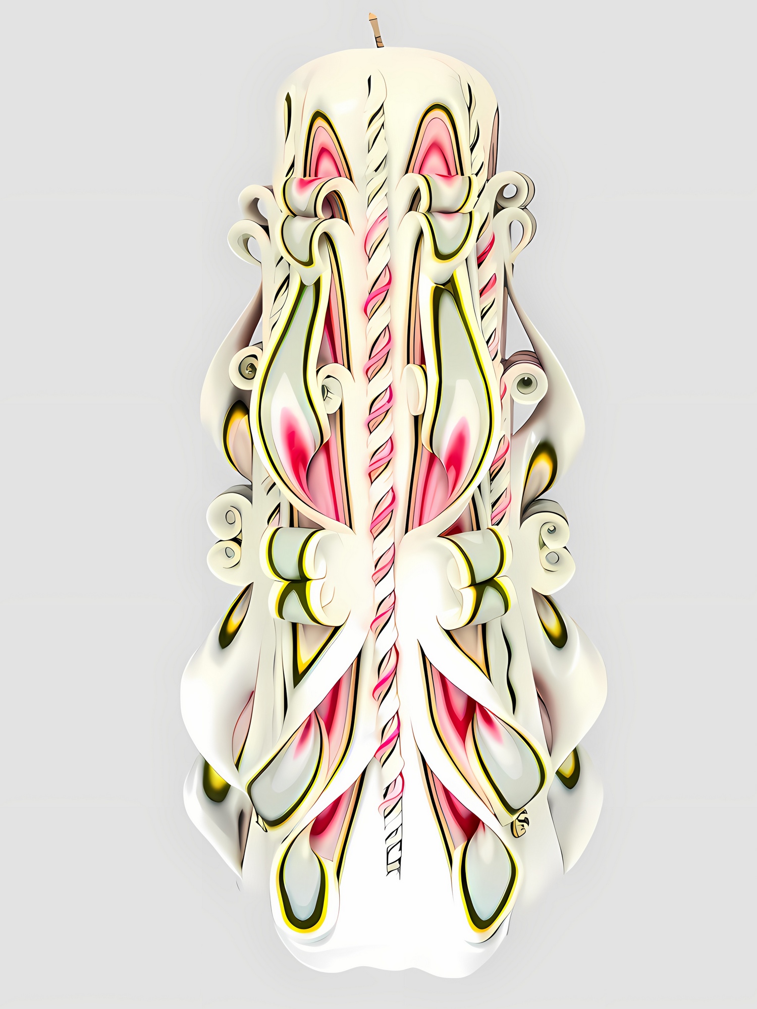 Handgefertigte, kunstvoll geschnitzte Kerze mit venezolanischer Maske und goldfarbenen Ornamenten