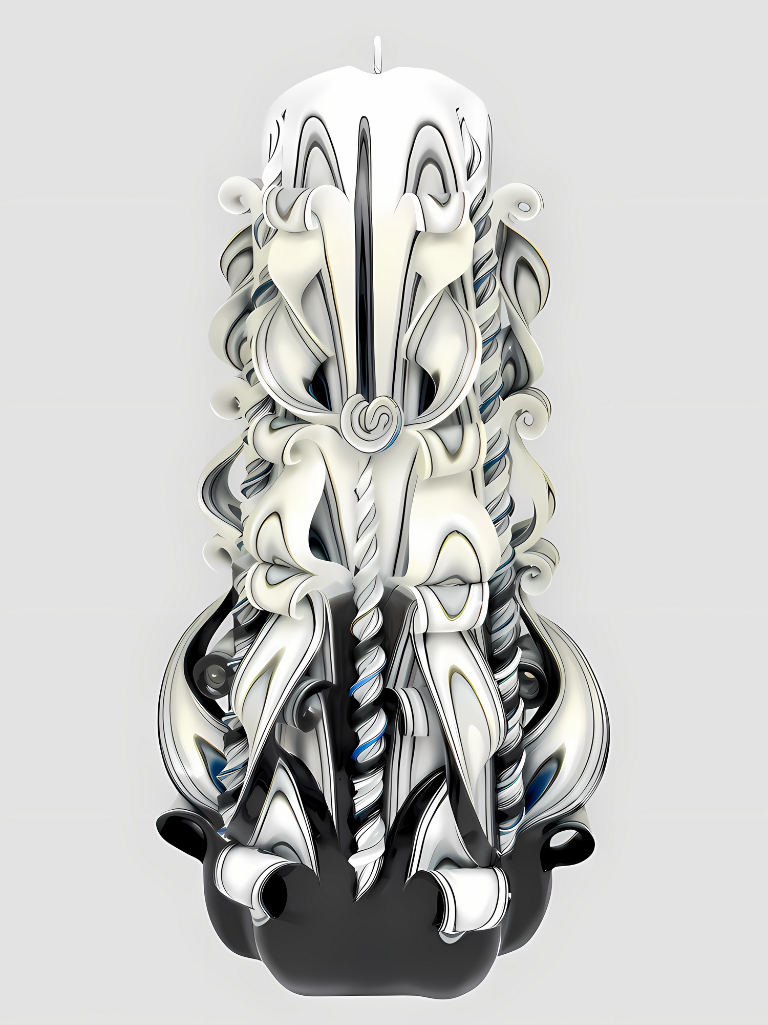 Große, handgeschnitzte Barock-Kerze in Kegelform mit sechseckiger Grundfläche, mit schwarz-weißen Ornamenten und kunstvollen Schnitzmustern verziert