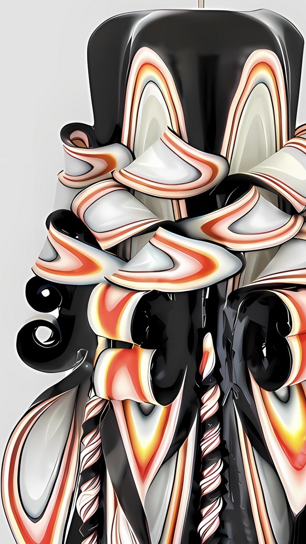 Handgeschnitzte Kerze in schwatz, mit feinen roten und schwarzen Linien in Schnittstellen, 6-eckige Grundform.