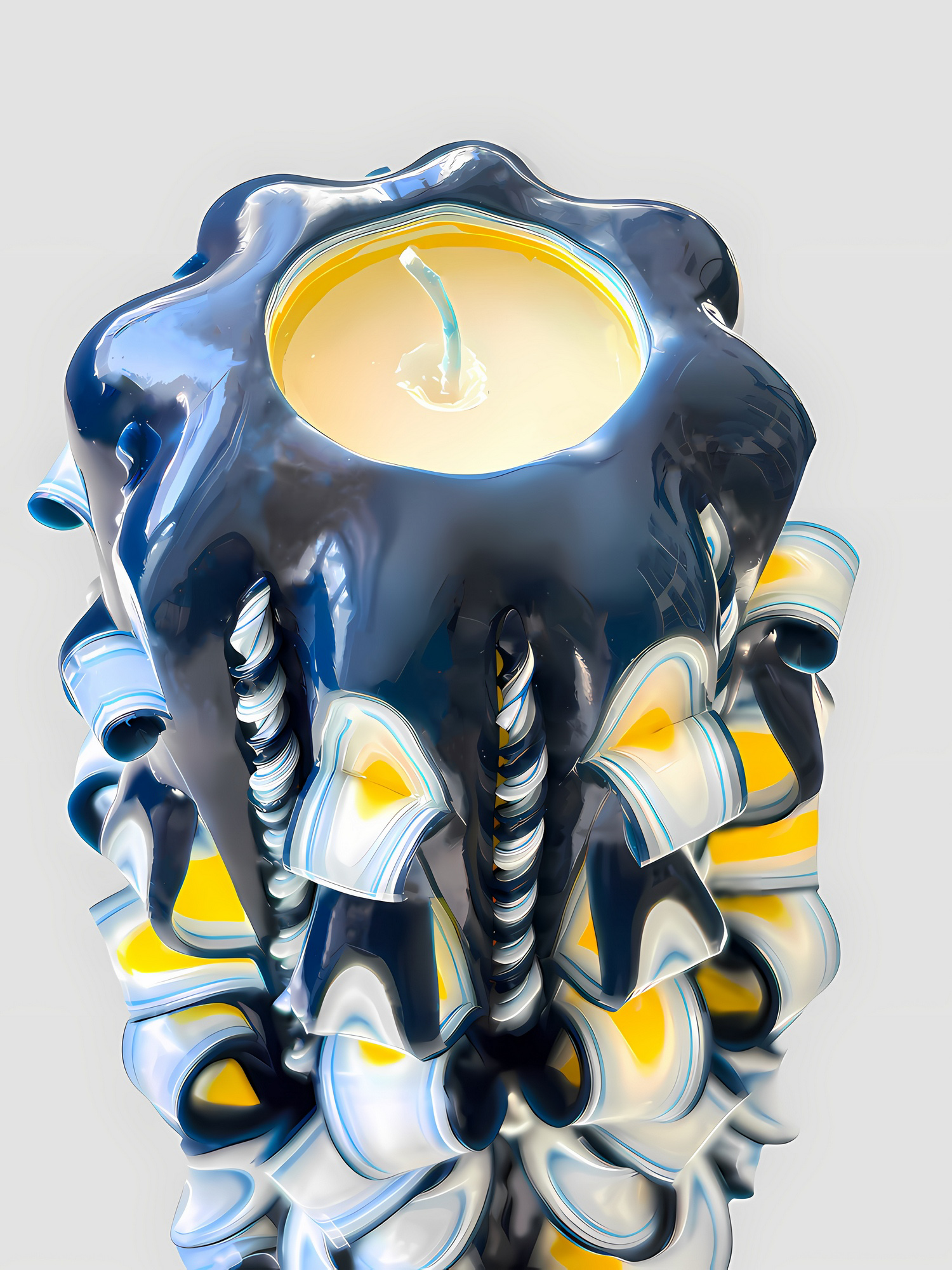 Handgeschnitzte Paraffinkerze 8-eckig und Zylinderförmig, in elegantem Nachtblau mit filigranen Schnitzelementen. Schnittstellen leuchten Gelb. Foto von oben