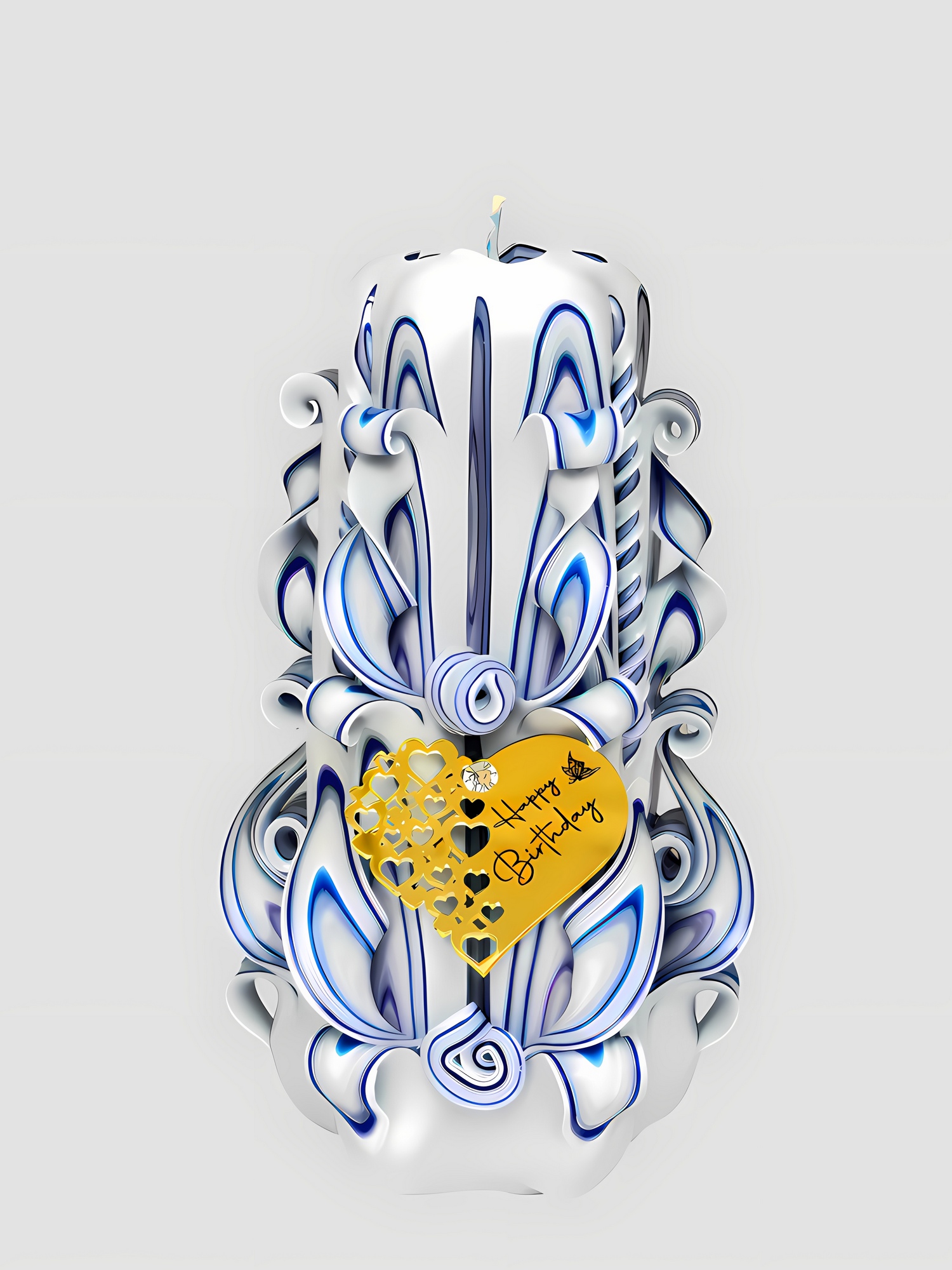 Handgeschnitzte Kerze, 18 cm, kegelförmig und 6-eckig, weiß-blau mit Acrylglas-Herz „Happy Birthday"
