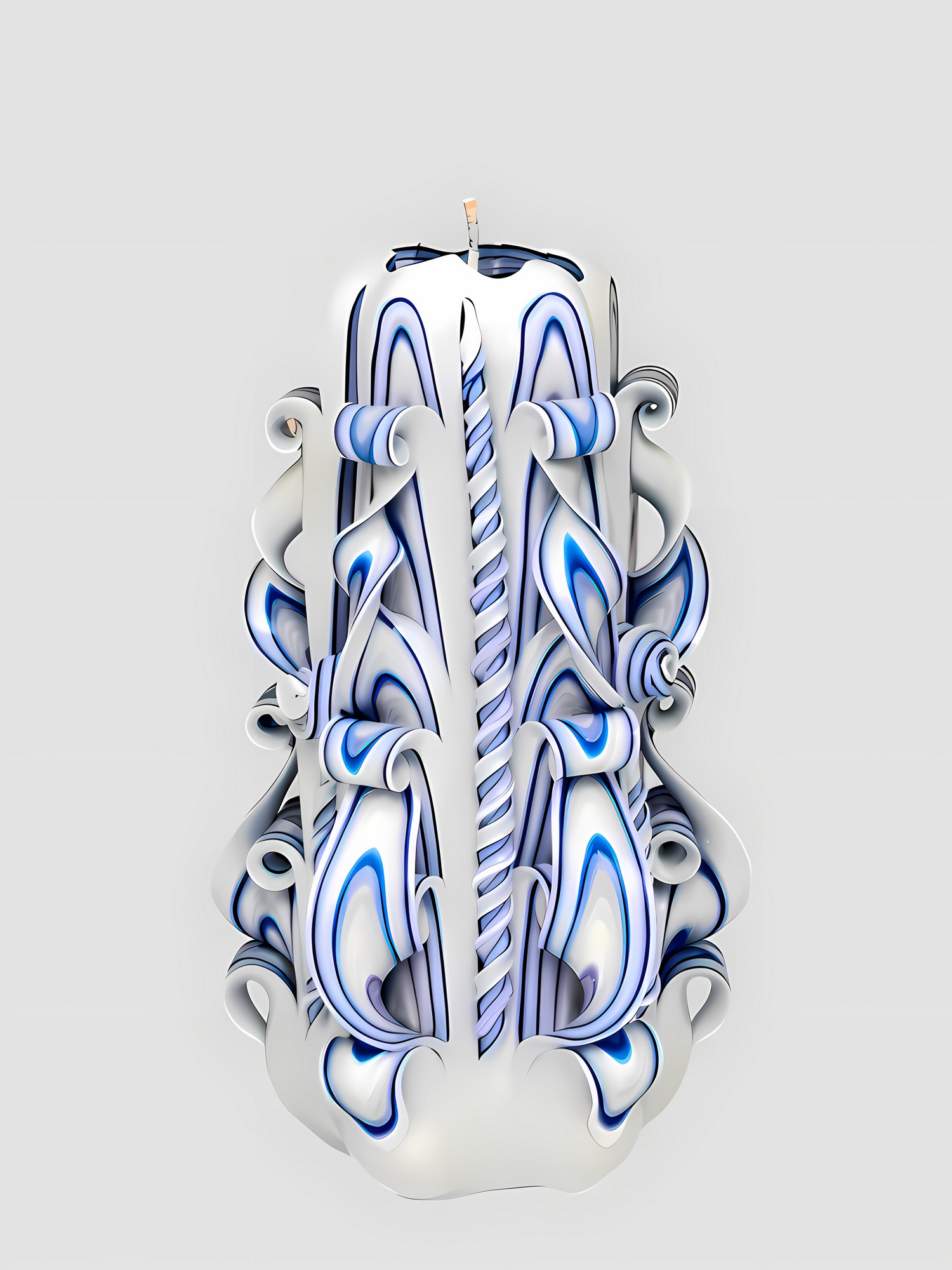 Handgeschnitzte Kerze, 18 cm, kegelförmig und 6-eckig, weiß-blau mit Acrylglas-Herz „Happy Birthday"