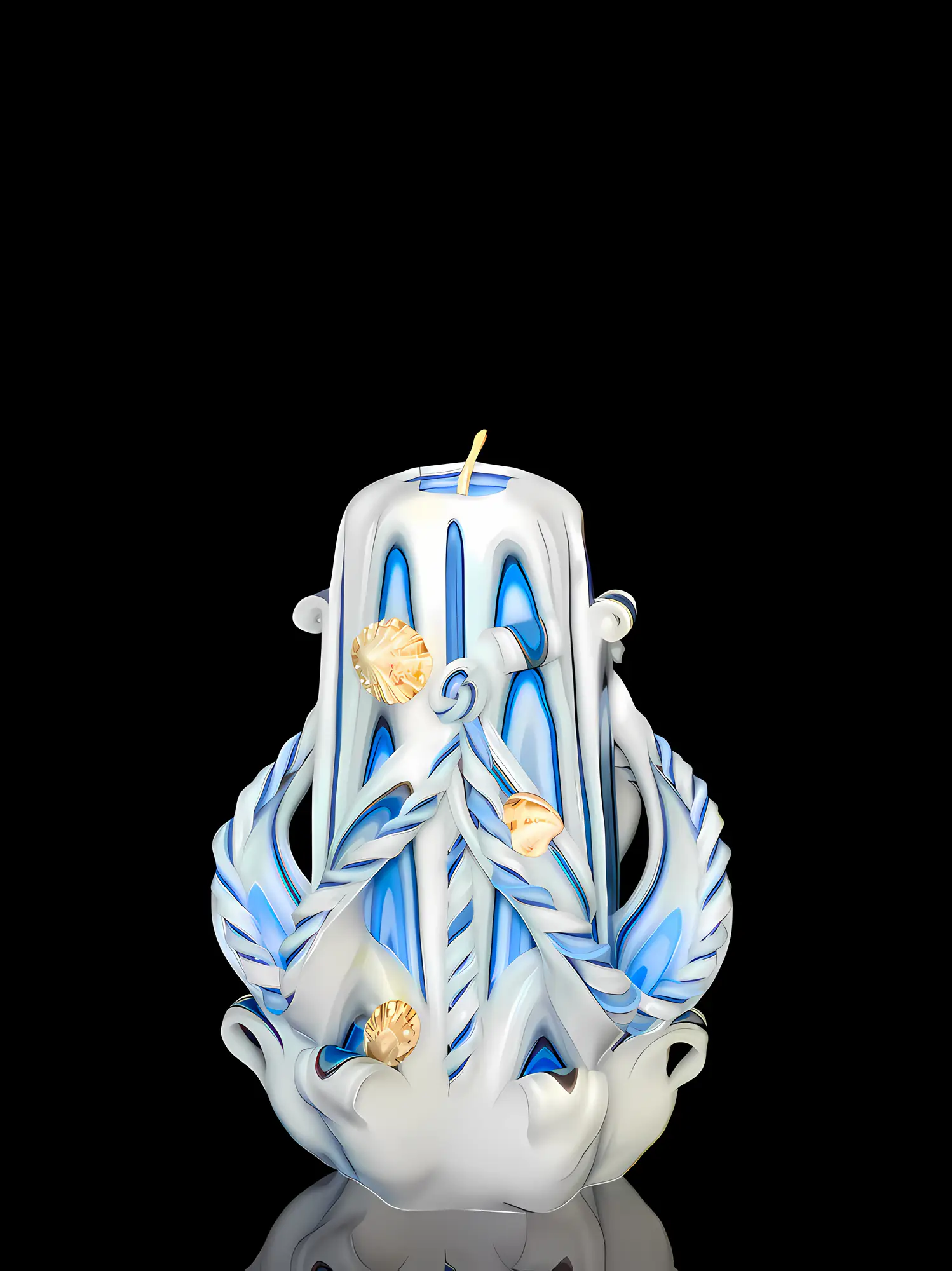 weiße Kerze mit blauen streifen im Schnitz, handgeschnitzte dekorative Kerze, kegelförmig, 6-eckig