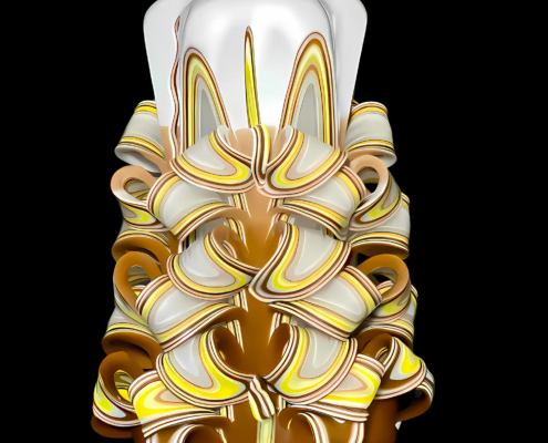 braun-weiße Kerze mit gelben streifen im Schnitt, handgeschnitzte dekorative Kerze, zylinderförmig, 6-eckig