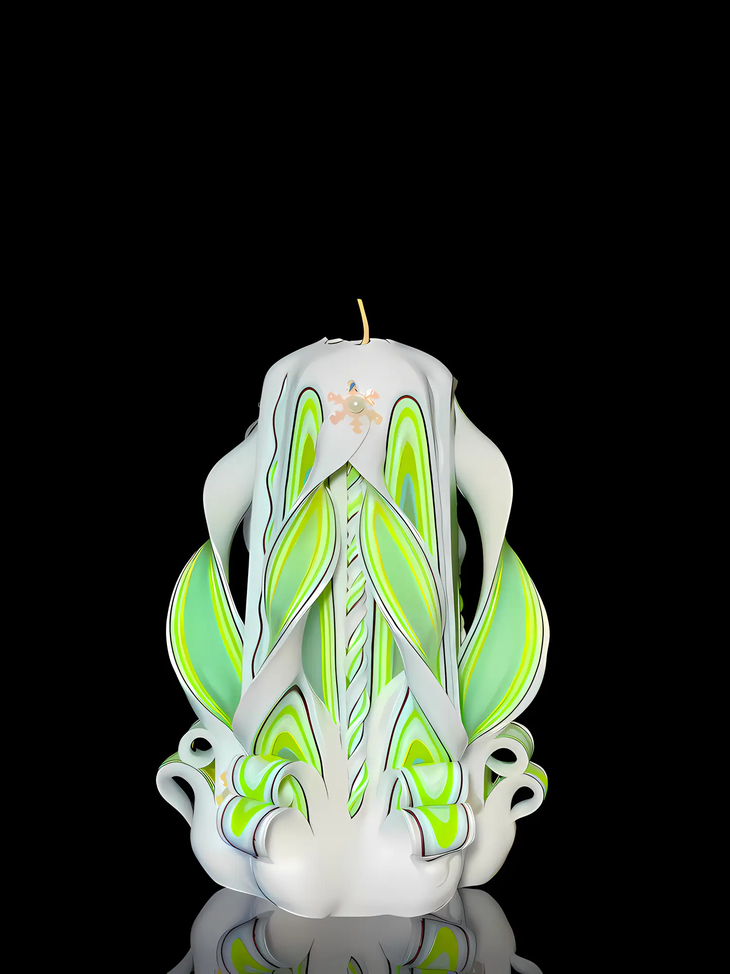 weiße Kerze mit grünen streifen im Schnitz, handgeschnitzte dekorative Kerze aus Paraffin, kegelförmig, 6-eckig