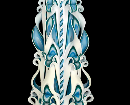Handgeschnitzte Kerze, außen Weiß, innen Meeresblau, mit eleganten Design-Windungen, dekoratives Unikat