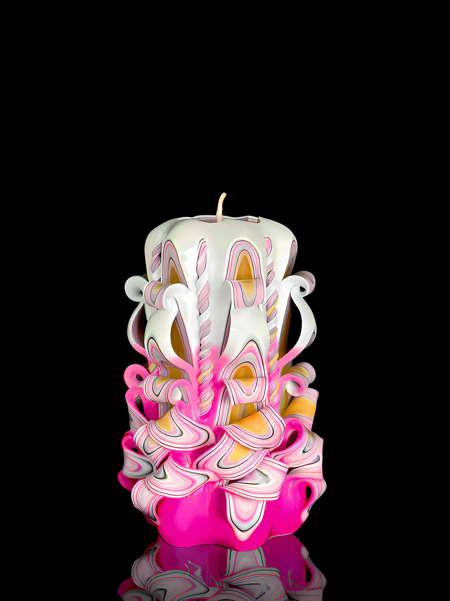 pink-weiße Kerze mit gelben streifen im Schnitt, handgeschnitzte dekorative Kerze, zylinderförmig, 6-eckig