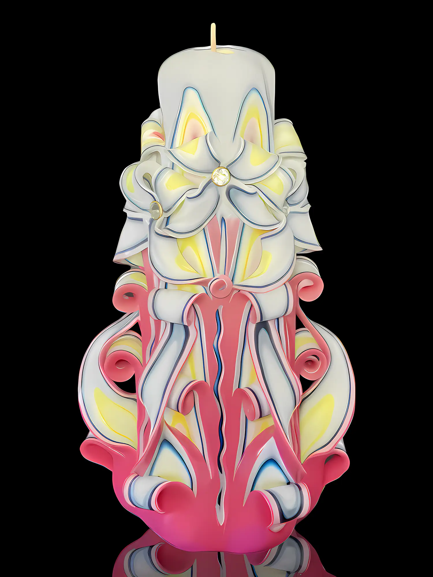 22 cm hohe handgeschnitzte Kerze in zartem Gelb mit rosafarbenen Akzenten, fein gearbeitet im floralen Blumenschnitt.