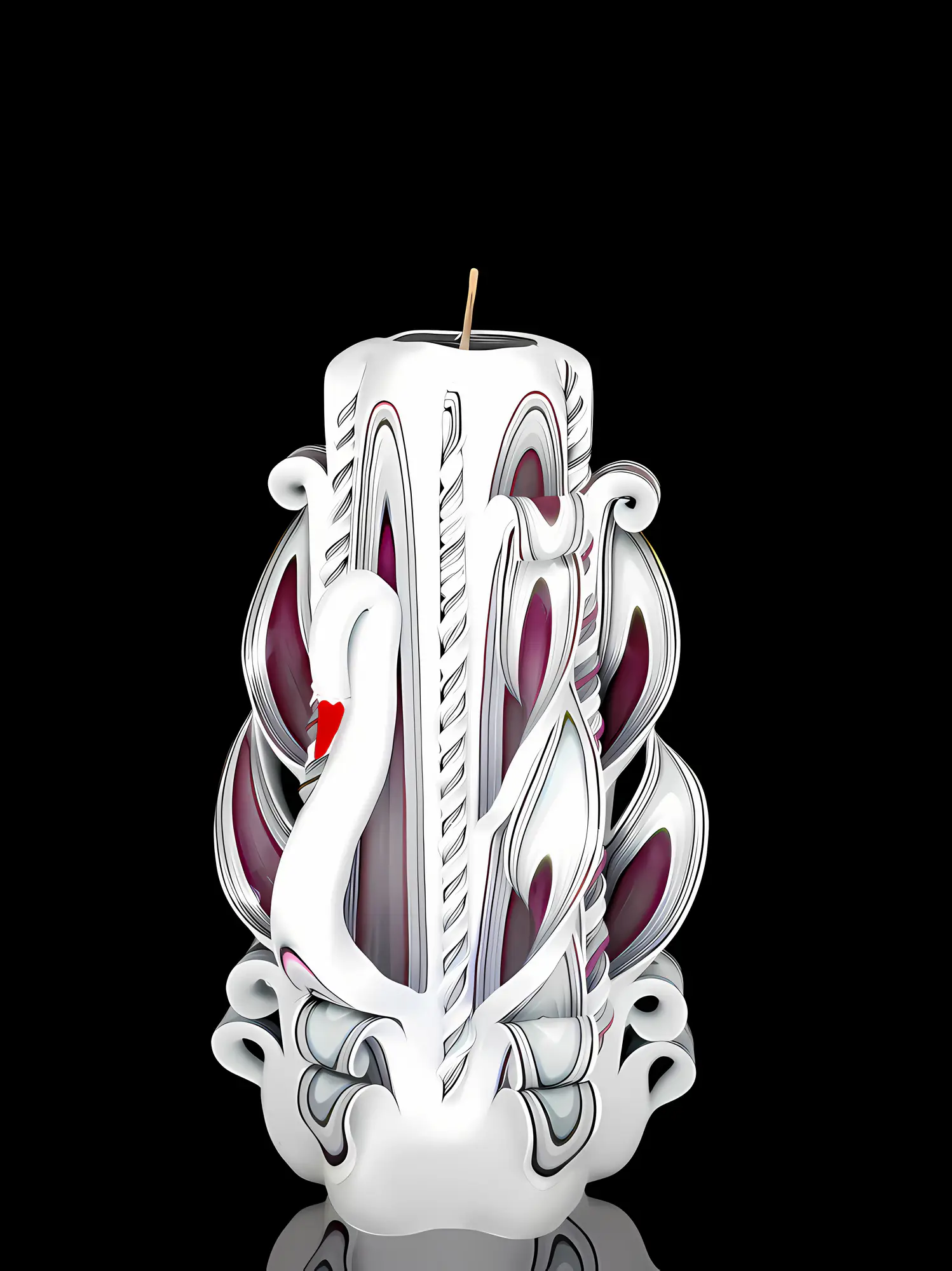 weiße Kerze mit weinroten Farbverlauf im Schnitt, handgeschnitzte dekorative Kerze, kegelförmig, 6-eckig. Schwann Schnitzform