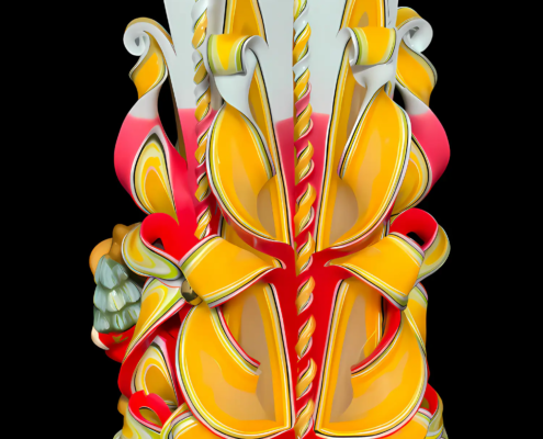 Weiß-rote Kerze in Weihnachtsstyle. Geschnitzte Windungen in Blumenform, Innenfarbe ist gelb