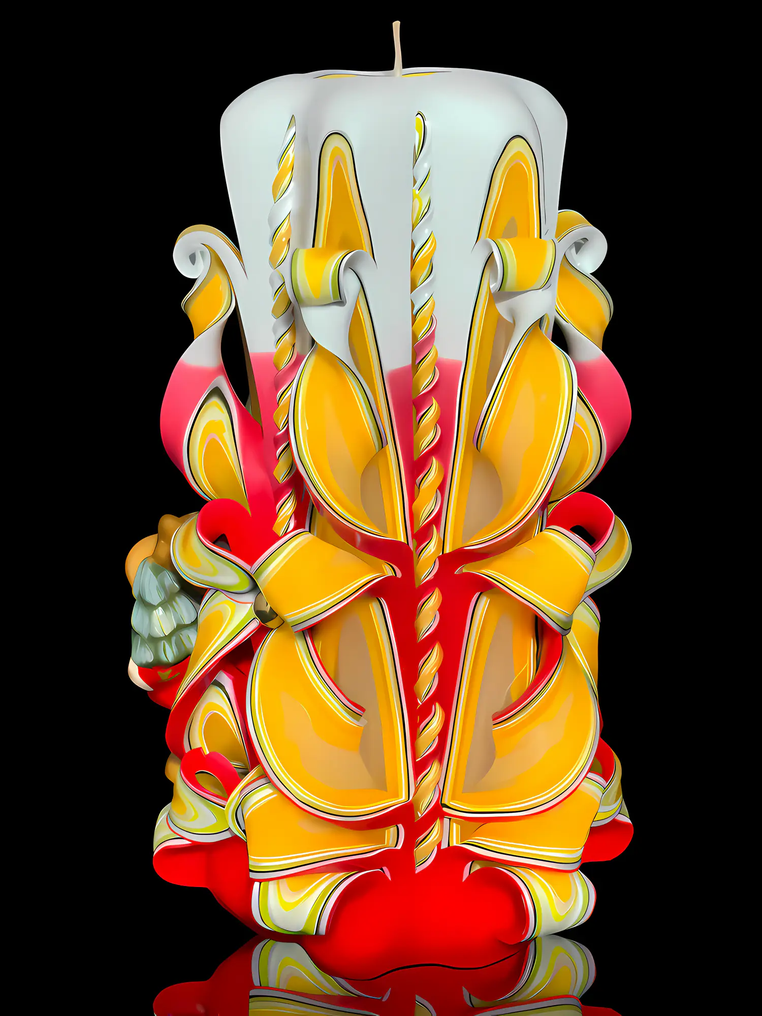 Weiß-rote Kerze in Weihnachtsstyle. Geschnitzte Windungen in Blumenform, Innenfarbe ist gelb