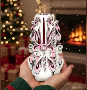 zwei Hände halten wunderschöne handgeschnitzte Kerze in weiß-pink. Der Hintergrund leicht verschwommen, festliche Einrichtung, Kamin und Tannenbaum