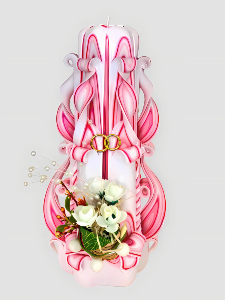 Handgeschnitzte Hochzeitskerze in Rot-Weiß mit goldenen Ringen, weißer Orchidee, Perlen und Blumenkorb-Elementen am unteren Rand