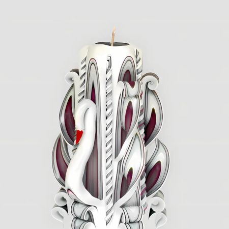 Handgeschnitzte weiße Kerze in Schwann Form mit pinken und lila Akzenten